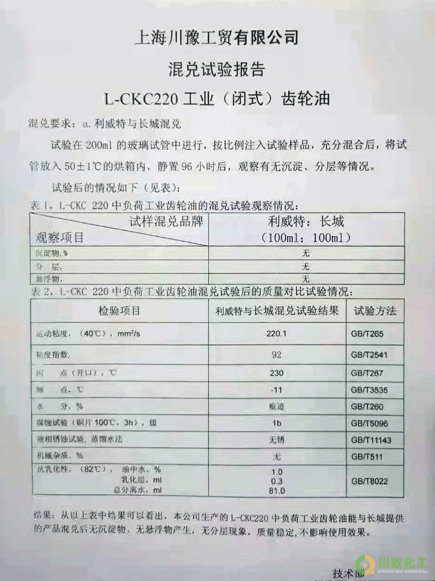 L-CKC220工业（闭式）齿轮油混兑实验报告